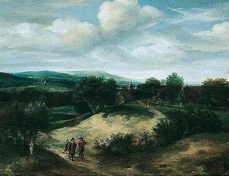 Jacob Koninck Landscape with huntsmen on a track before a village oil painting picture